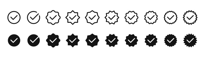 Checkmark icon set, approved symbol, checked checkbox mark, editable line stroke. Vector illustration