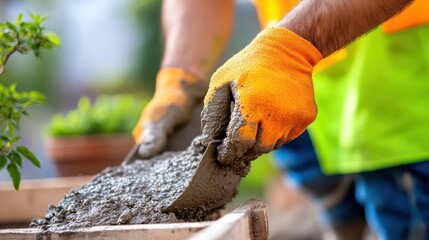 Construction worker expertly pouring concrete into formwork at site