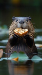 Nutria Eating Bread in Pond