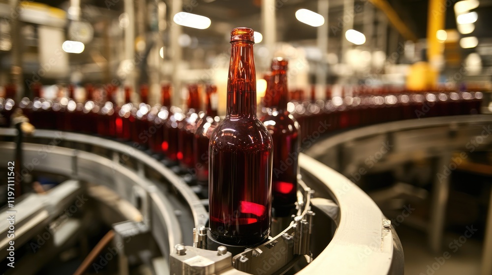 Poster a beverage filling machine at work in a bottling plant, with bottles moving down the production line