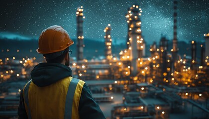 Obraz premium Construction worker with a hard hat, admiring an illuminated refinery at night, framed by a crisp, starry sky, rich textures, cinematic realism