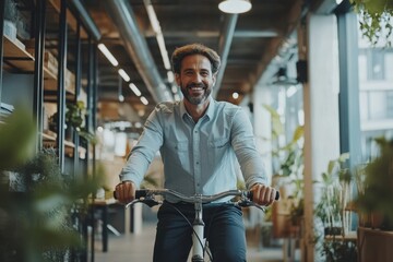 Fototapeta premium Happy entrepreneur pushing bicycle while leaving office after wok. Generative AI