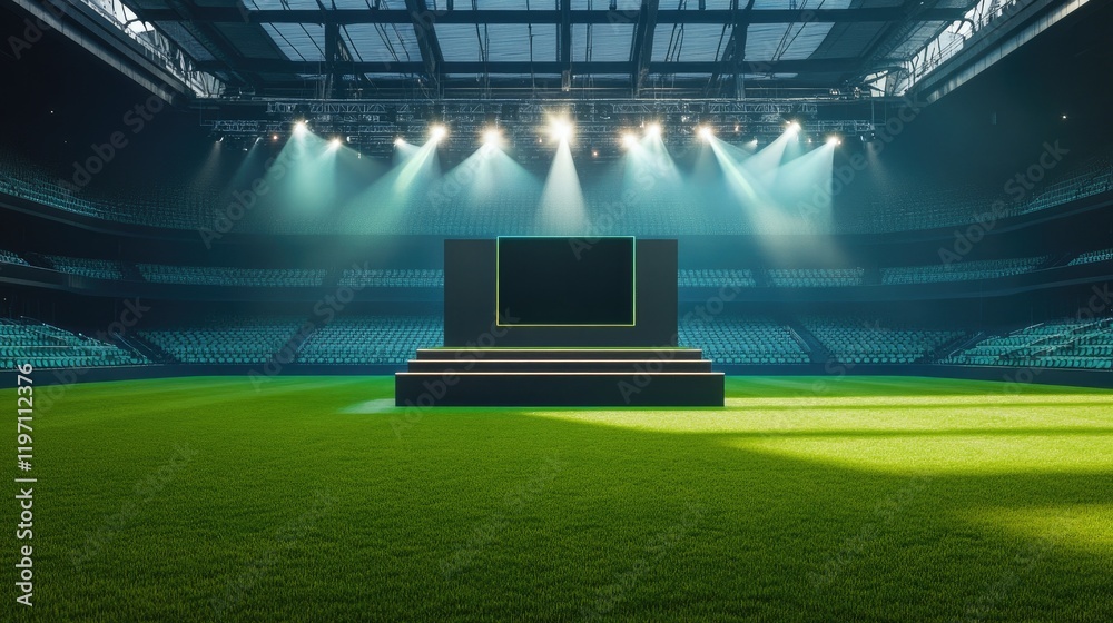 Poster a central product display stage in a stadium, surrounded by empty seats and bright flashes, set on t