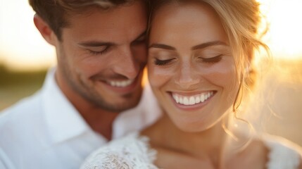Romantic embrace of a joyful couple at sunset in a serene outdoor setting