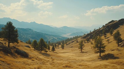 Mountain valley autumn landscape, sunlit hills, dry grass, distant peaks, nature background