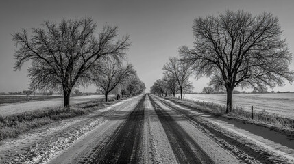 straight road blanketed in snow and ice during a harsh winter storm, with frosty trees lining the path and a clear, cold sky overhead.