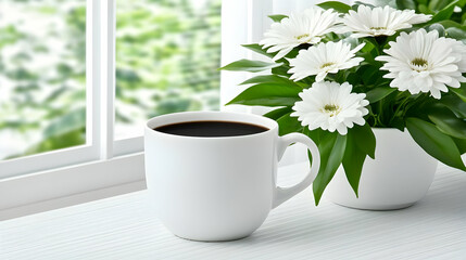 Fototapeta premium White Mug Coffee, Gerbera Daisies Still Life