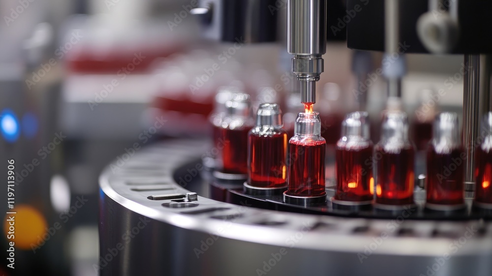 Poster a close-up of bottles being filled by a beverage filling machine on a production line, illustrating 