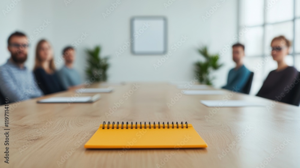 Poster notepad placed on meeting table with businesspeople sitting in background