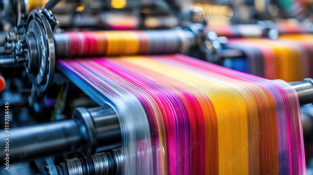 Poster a close-up of textile weaving machines working in a modern textile mill, creating fabric, with focus
