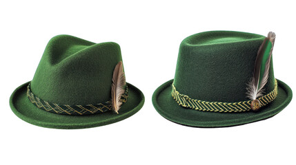 Two green hats with feathers on them