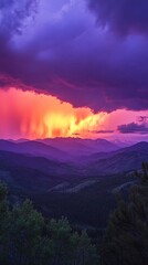 Mountain sunset, rain, vibrant colors, landscape