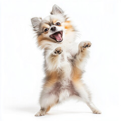 Fototapeta premium Happy pomeranian dog dancing funny on white background