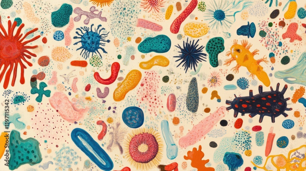 Poster a colorful assortment of bacteria and microorganisms, emphasizing the importance of microbiome diver