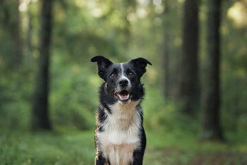 A Border Collie poses confidently in dense greenery in a tranquil forest clearing. The natural...