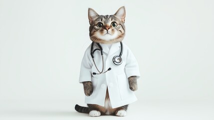 A cat dressed as a doctor, wearing a white lab coat and a stethoscope around its neck, standing on a clean white background.