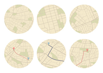 Set of Gps map navigation. View from above road map. Detailed view of city. Abstract background. Flat style, Vector, illustration isolated