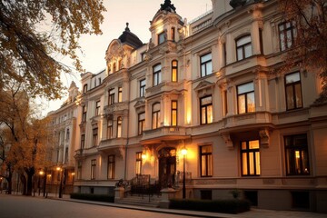Elegant historic building illuminated at dusk on a quiet tree-lined street