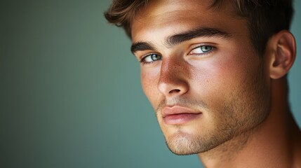 Fototapeta premium Portrait of a clean-shaven man with captivating blue eyes and tousled hair in a neutral setting, exuding confidence and charm during the afternoon light