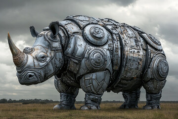 Fototapeta premium unique steampunk metal rhino sculpture art installation featuring recycled and industrial elements displayed as a large outdoor kinetic public statue with a modern contemporary design