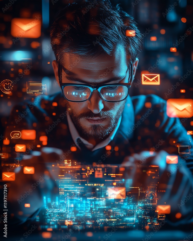 Poster a businessman controlling an augmented reality interface, glowing email and notification icons surro