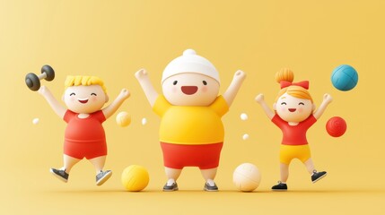 Obraz premium Cheerful cartoon children celebrating fitness with colorful balls and dumbbells against a bright yellow background.