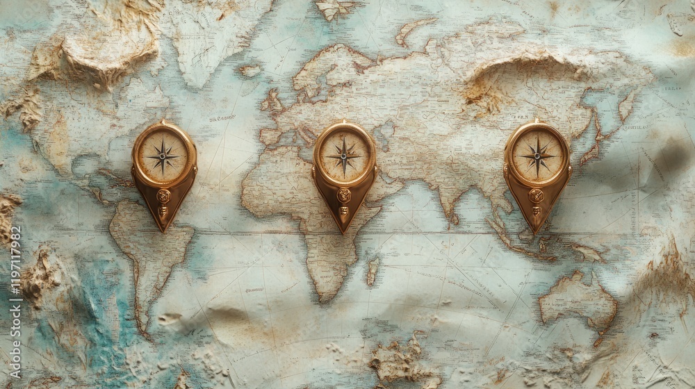 Poster a detailed map featuring three location markers, highlighting the theme of exploration and adventure