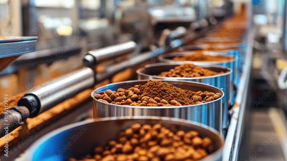 Poster A detailed shot of a factory production line with containers of cocoa powder being processed, highlighting the efficiency of cocoa production in a modern industrial setting