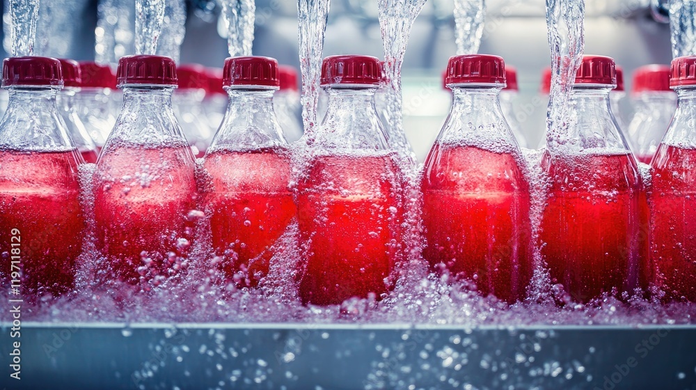 Poster A detailed shot of bottles moving through a beverage filling machine, capturing the industrial process of bottling and beverage production on an efficient production line