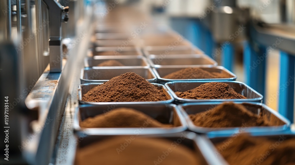 Poster A detailed shot of a factory production line with containers of cocoa powder being processed, highlighting the efficiency of cocoa production in a modern industrial setting