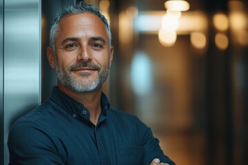 Obraz premium Happy entrepreneur waiting for elevator in office building hallway and looking at camera. Generative AI