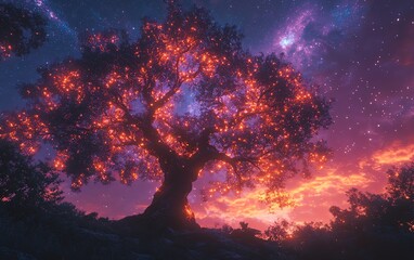 Fototapeta premium A majestic tree with radiant, glowing branches under a sparkling starry sky, vibrant colors, highdefinition details, ethereal atmosphere, hyperrealistic textures