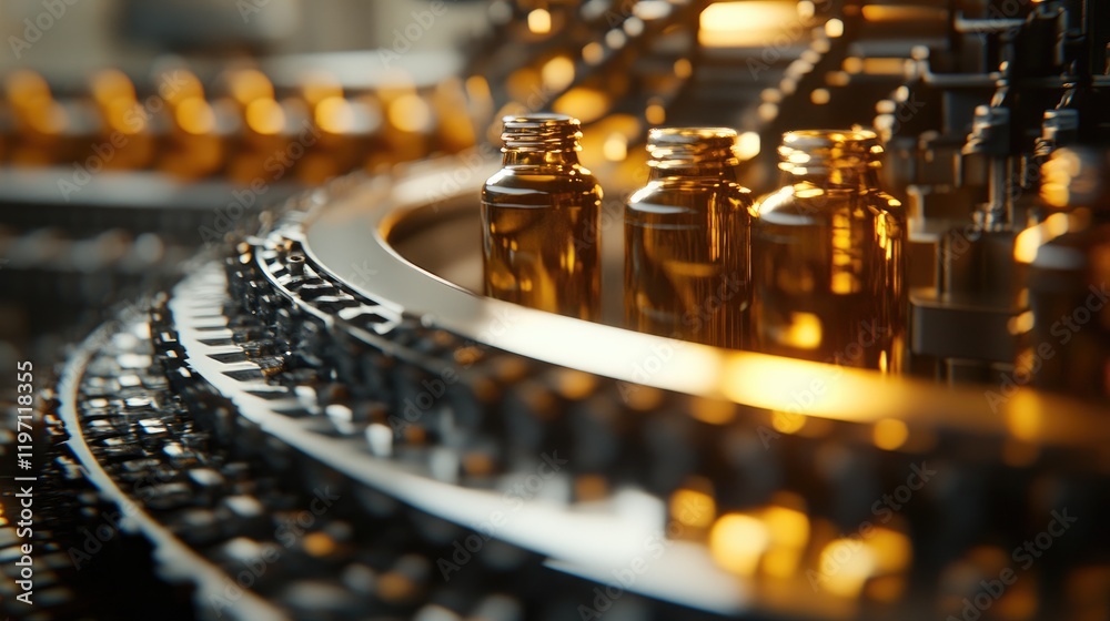 Poster a detailed shot of bottles moving through a beverage filling machine, capturing the industrial proce