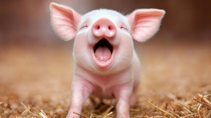Happy piglet squealing on hay, farm background, perfect for pet, agriculture, or food websites