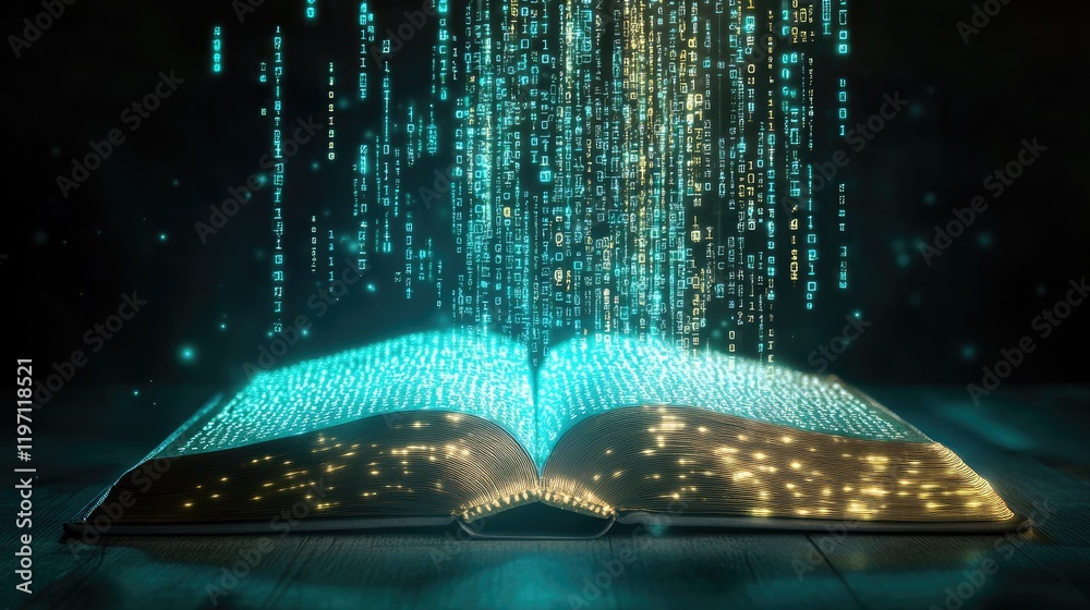 Poster A digital transformation of a law book, with binary code streaming from it, symbolizing the evolution of legal literature into the digital era