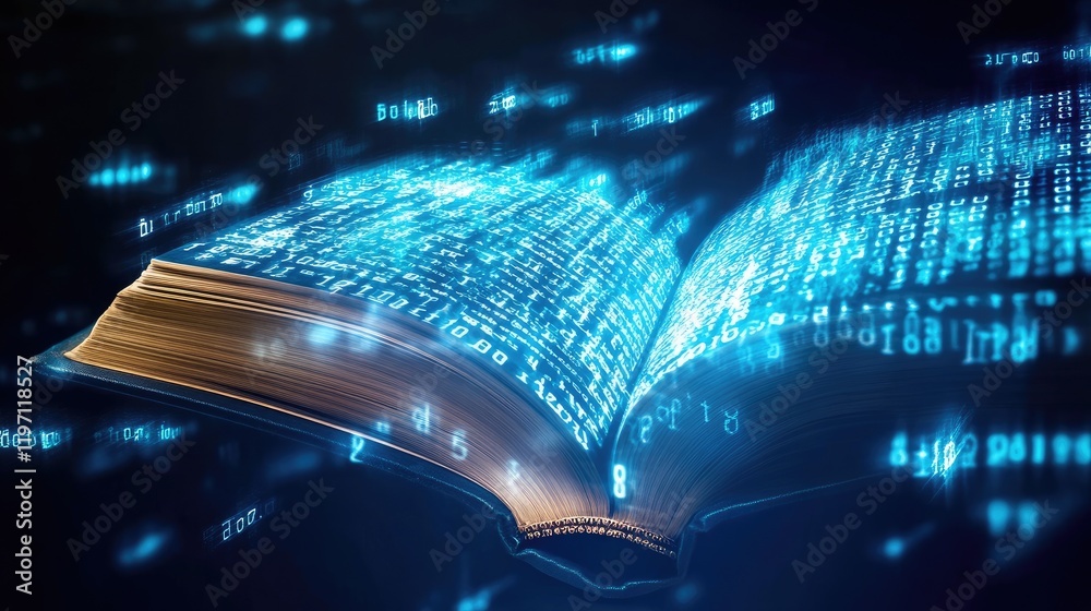 Poster A digital transformation of a law book, with binary code streaming from it, symbolizing the evolution of legal literature into the digital era