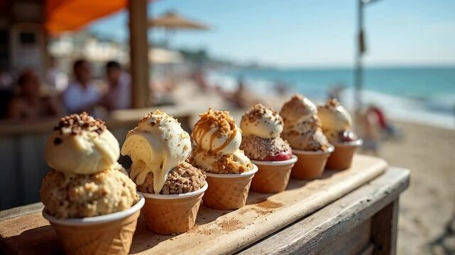 Helados artesanales con toppings servidos en conos en la playa