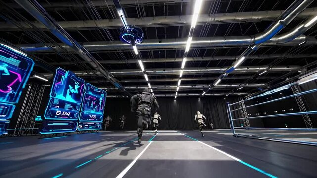 Soldiers engage in advanced training exercise in a futuristic simulation environment