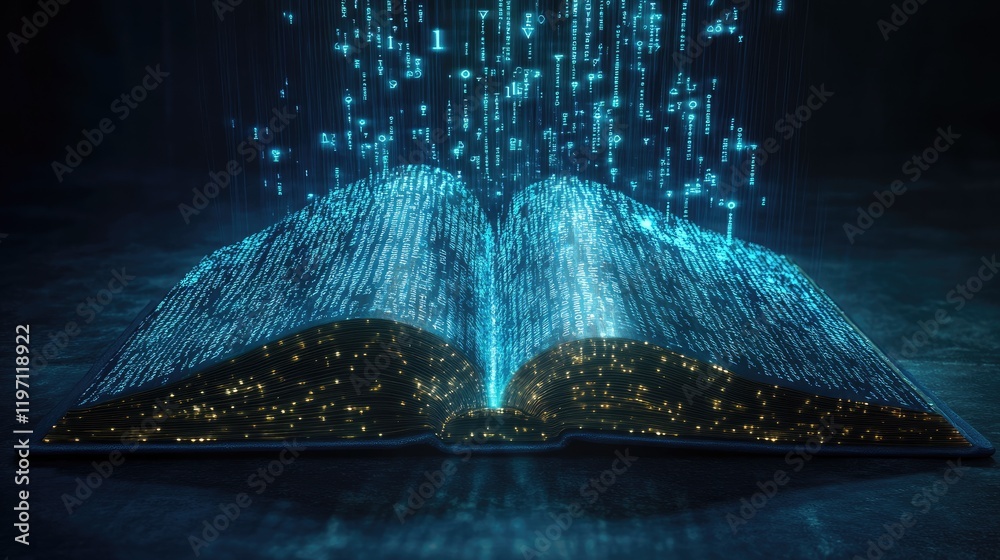 Poster A digital transformation of a law book, with binary code streaming from it, symbolizing the evolution of legal literature into the digital era