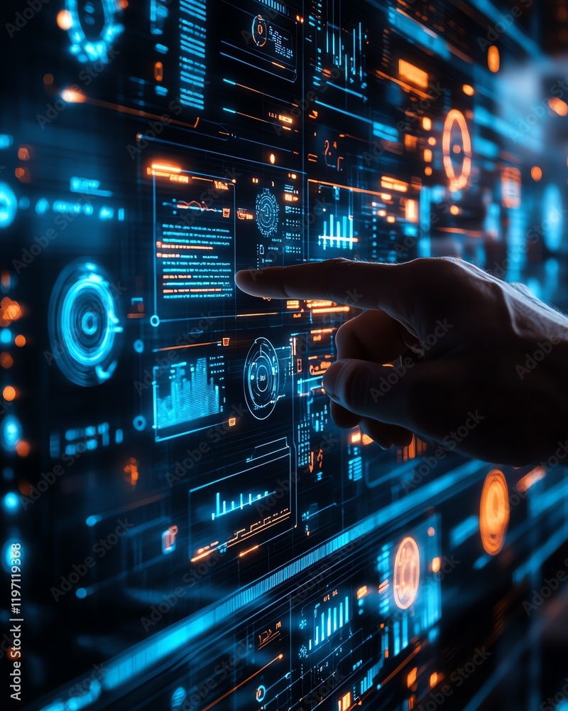 Poster Business leader activating a floating virtual interface for quality control and automation