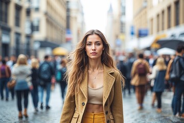 Fototapeta premium Confident woman standing out in a busy urban crowd on a city street