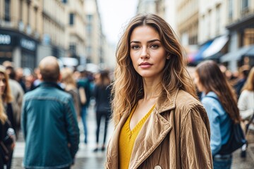 Fototapeta premium Confident woman standing out in a busy urban crowd on a city street