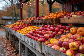 Vibrant Market Stall Filled With Apples and Pumpkins in Autumn