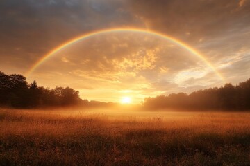 Naklejka premium Colorful sunrise with a vibrant rainbow over a misty field of golden grass in a tranquil landscape setting