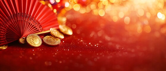  Front View of Chinese new year's background. Traditional Paper Fans and Gold Coins. Red sparkles and gold tones. Copy Space. Generative AI