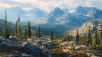 Majestic mountain range at sunrise, tranquil valley, scenic landscape, ideal for travel brochures