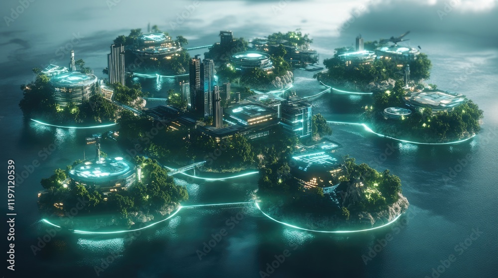 Aufkleber a futuristic depiction of floating islands representing various industries, connected by glowing tra