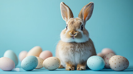 A bunch of colorful eggs with a pink bunny's ear on top. The eggs are arranged in a row and the bunny's ear is placed in the middle of the row. Concept of fun and playfulness