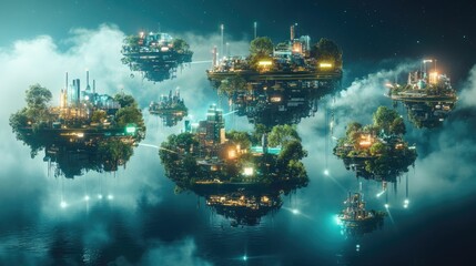 Obraz premium A futuristic depiction of floating islands representing various industries, connected by glowing trade routes, symbolizing interconnected global economies and trade