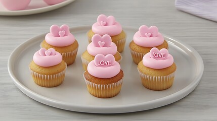 Cupcakes with heart-shaped fondant toppers spelling "LOVE" placed on a white plate